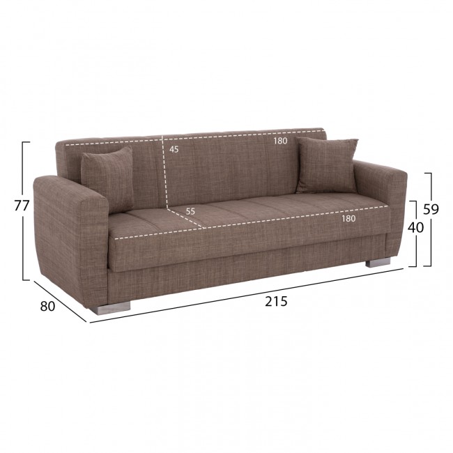 Καναπές-κρεβάτι τριθέσιος "POLYA" από ύφασμα σε καφέ χρώμα 215x80x77