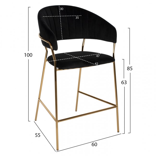 Σκαμπώ μπαρ "THEODORE" μεσαίου ύψους  από βελούδο-μέταλλο σε μαύρο-χρυσό χρώμα 60x55x100