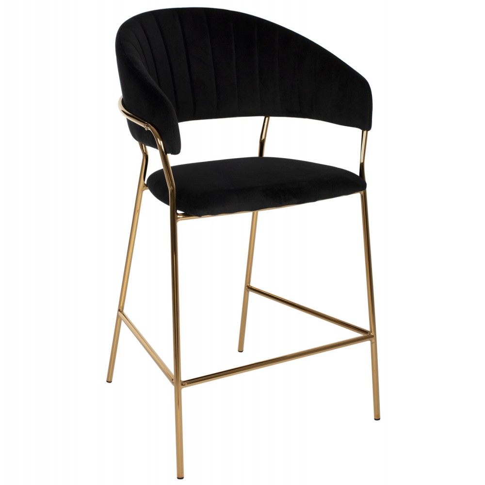 Σκαμπώ μπαρ "THEODORE" μεσαίου ύψους  από βελούδο-μέταλλο σε μαύρο-χρυσό χρώμα 60x55x100