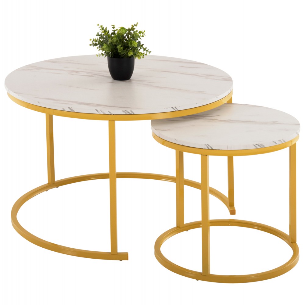 Σετ τραπέζια 2τμχ από MDF/μέταλλο σε χρυσό/λευκό με εφέ μαρμάρου χρώμα Φ80x48