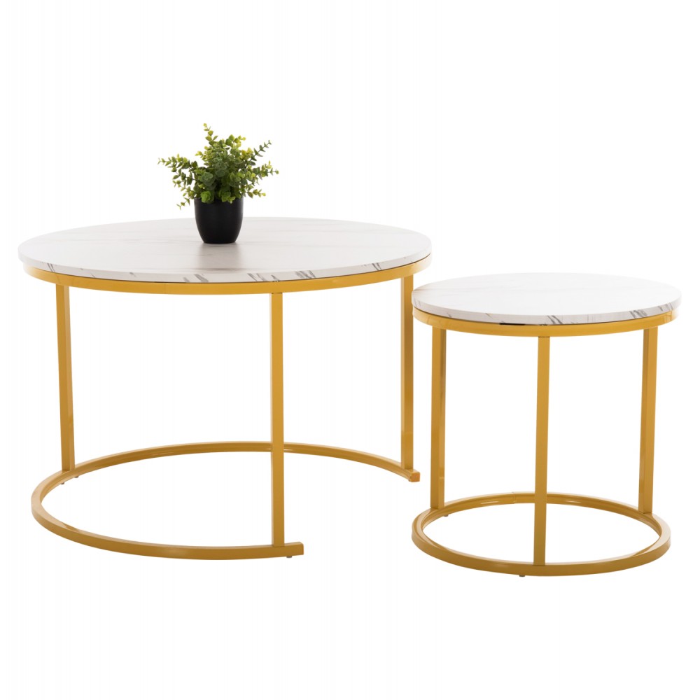 Σετ τραπέζια 2τμχ από MDF/μέταλλο σε χρυσό/λευκό με εφέ μαρμάρου χρώμα Φ80x48