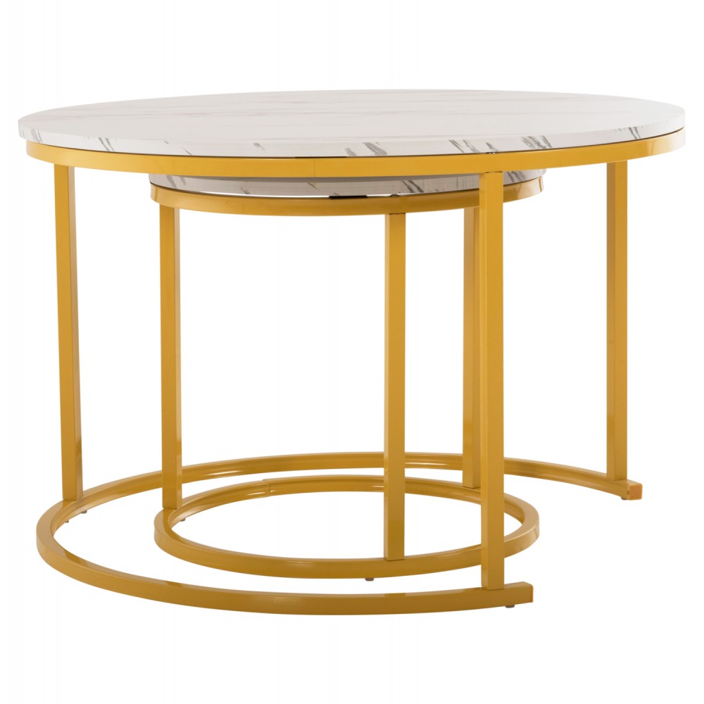 Σετ τραπέζια 2τμχ από MDF/μέταλλο σε χρυσό/λευκό με εφέ μαρμάρου χρώμα Φ80x48