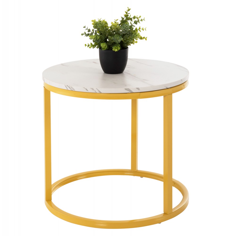Σετ τραπέζια 2τμχ από MDF/μέταλλο σε χρυσό/λευκό με εφέ μαρμάρου χρώμα Φ80x48