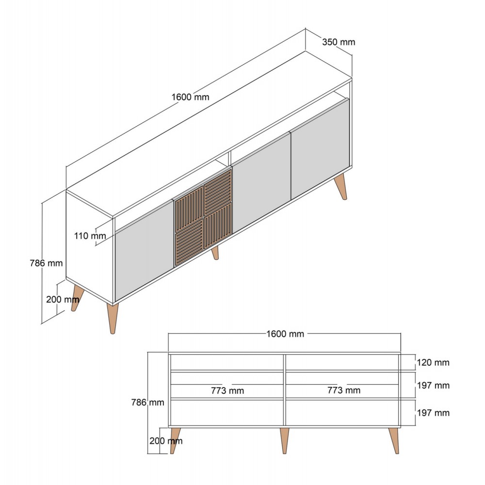 Μπουφές σε καρυδί/μαύρο με εφέ μαρμάρου χρώμα 160x35x78