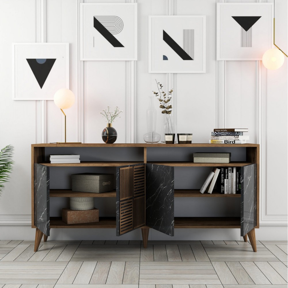 Μπουφές σε καρυδί/μαύρο με εφέ μαρμάρου χρώμα 160x35x78