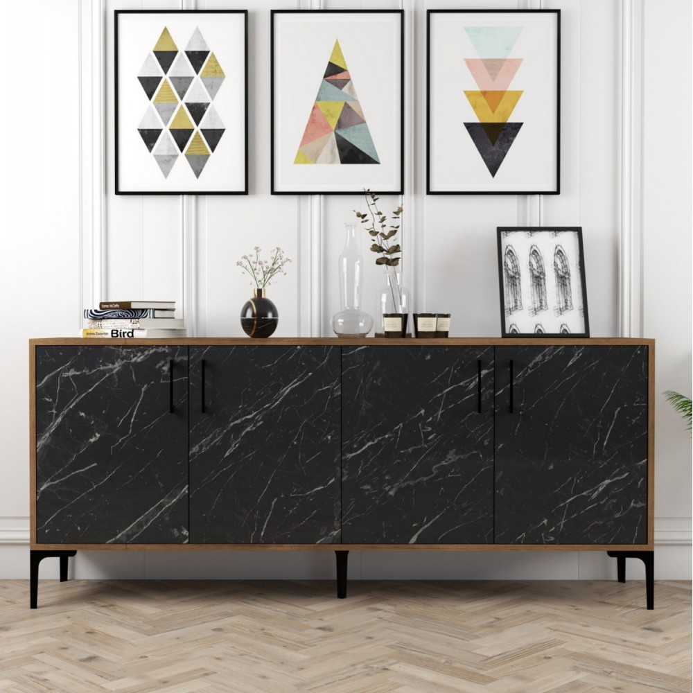 Μπουφές σε καρυδί/μαύρο με εφέ μαρμάρου χρώμα 180x35x78.6