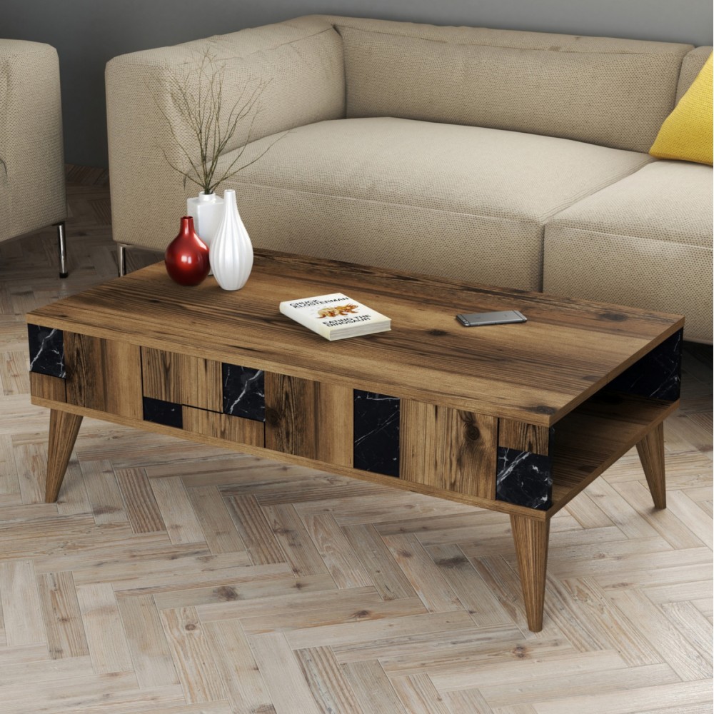 Τραπέζι σαλονιού σε καρυδί/μαύρο με εφέ μαρμάρου χρώμα 105x60x37.6