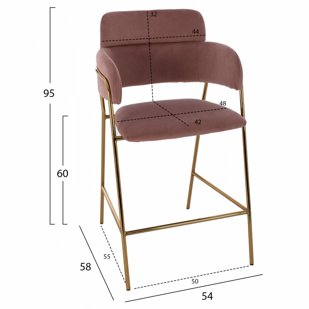 Σκαμπώ μπαρ "KELSO" μεσαίου ύψους  από βελούδο-μέταλλο σε σάπιο μήλο-χρυσό χρώμα 54x58x95