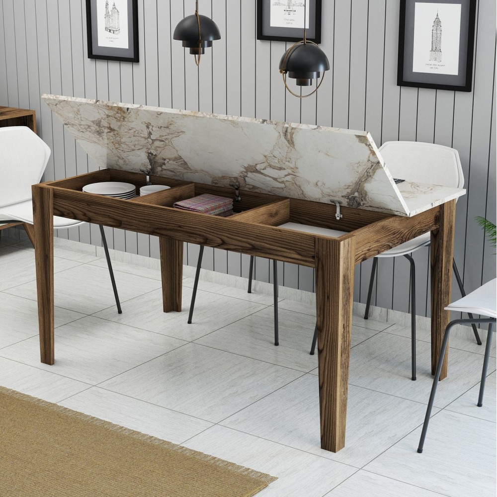 Τραπέζι με αποθηκευτικό χώρο σε λευκό μαρμάρινο-καρυδί χρώμα 145x88x75