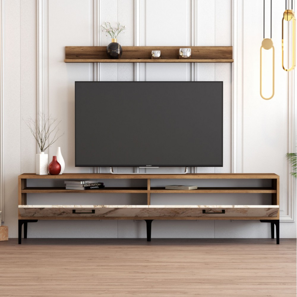 Σύνθεση τηλεόρασης σε καρυδί-λευκό μαρμάρινο χρώμα 180x35x47