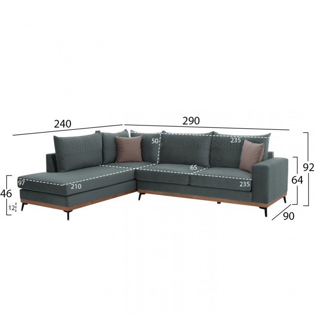 Καναπές γωνιακός με αριστερή γωνία "MESINA" από ύφασμα σε μέντα χρώμα 290x240x92