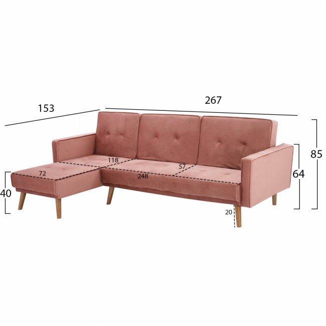 Καναπές κρεβάτι "TALIA" γωνία από βελούδο σε χρώμα σάπιο μήλο 267x153x85
