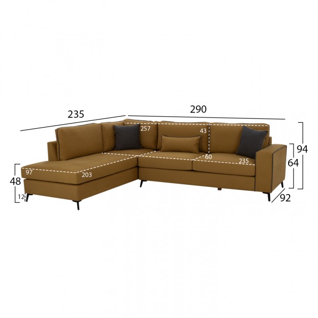 Καναπές "DIVA" αριστερή γωνία από αλέκιαστο ύφασμα σε χρώμα χρυσό 290x235x94