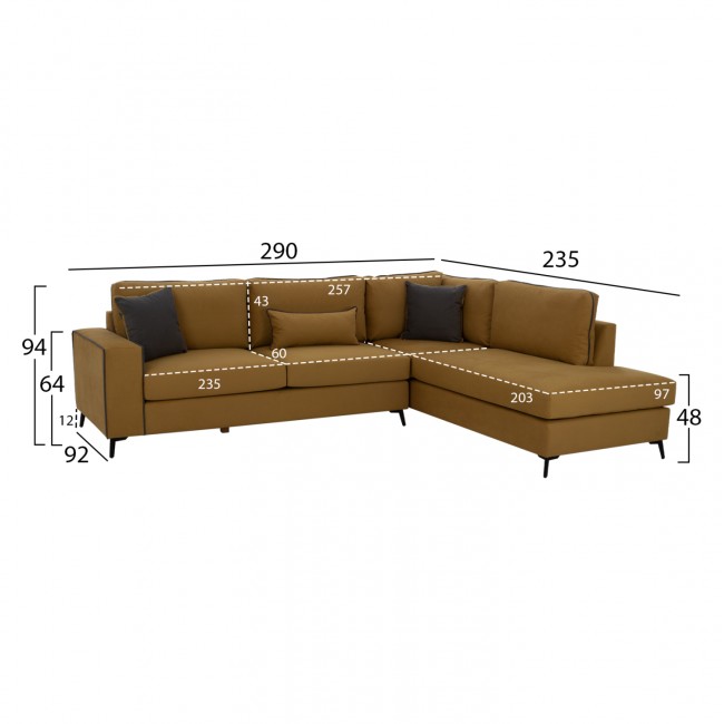 Καναπές "DIVA" δεξιά γωνία από αλέκιαστο ύφασμα σε χρώμα χρυσό 290x235x94
