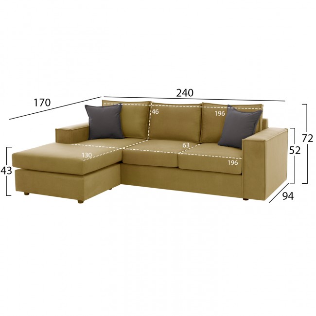 Καναπές "MONACO" αναστρέψιμη γωνία από αλέκιαστο ύφασμα σε χρυσό χρώμα 240x170x86