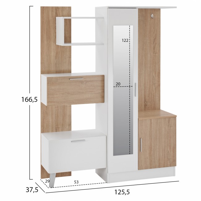 Έπιπλο εισόδου "ILIANA" με καθρέπτη σε λευκό-σονόμα χρώμα 125,5x37,5x166,5