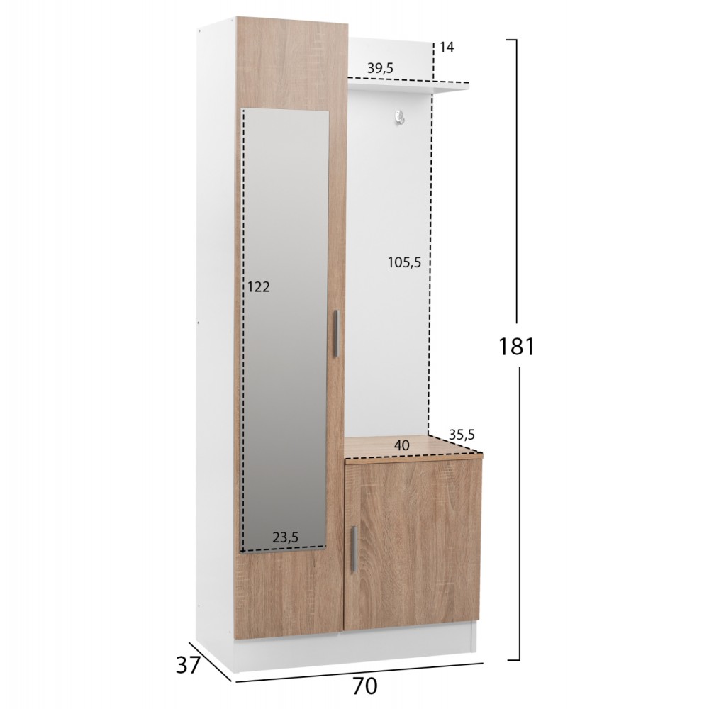 Έπιπλο εισόδου "JANICE" με καθρέπτη σε λευκό-σονόμα χρώμα 70x37x181