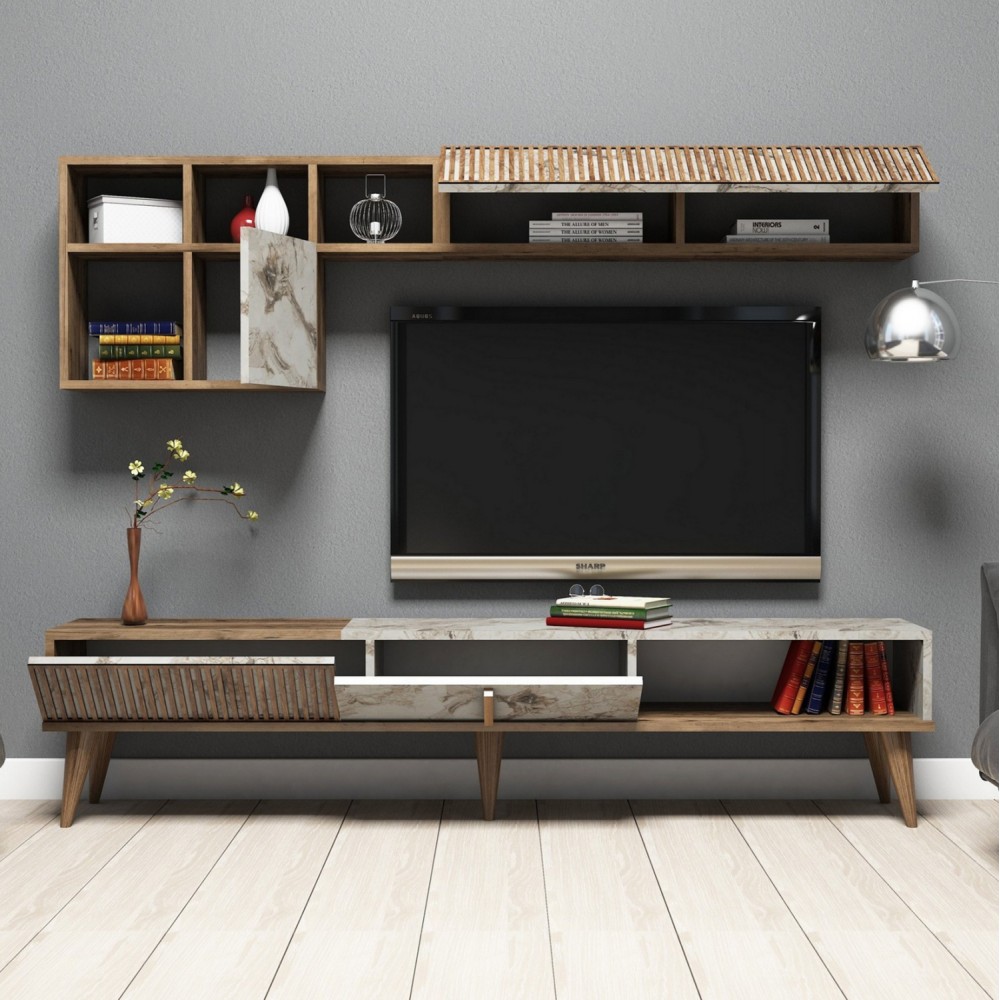 Σύνθεση τηλεόρασης σε καρυδί-λευκό μαρμάρινο χρώμα 180x35x40