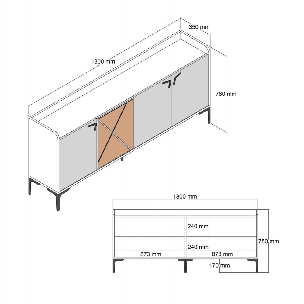Μπουφές σε χρώμα καρυδί-μαύρο μαρμάρινο 180x35x78
