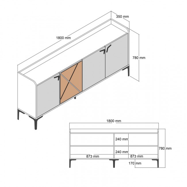 Μπουφές σε χρώμα καρυδί-μαύρο μαρμάρινο 180x35x78