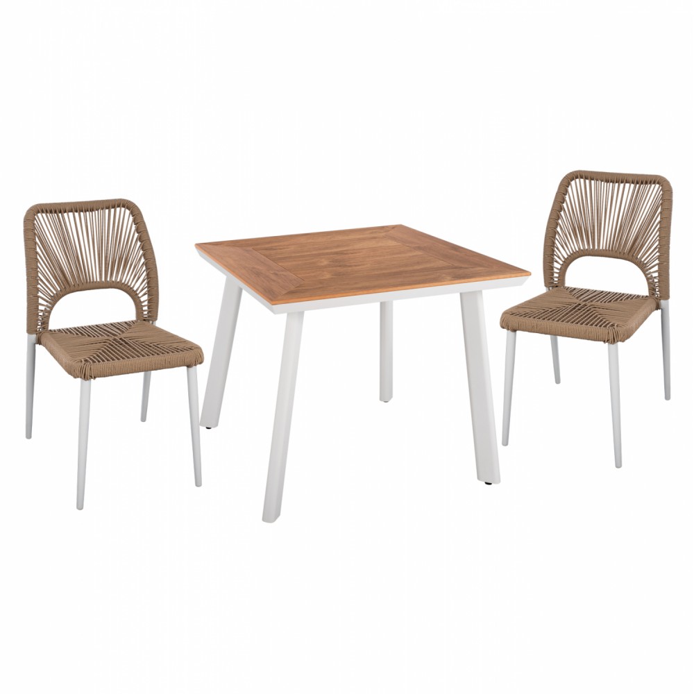 Σετ εξωτερικού χώρου 3τμχ από αλουμίνιο/polywood/σχοινί σε λευκό/μπεζ χρώμα 80x80x73