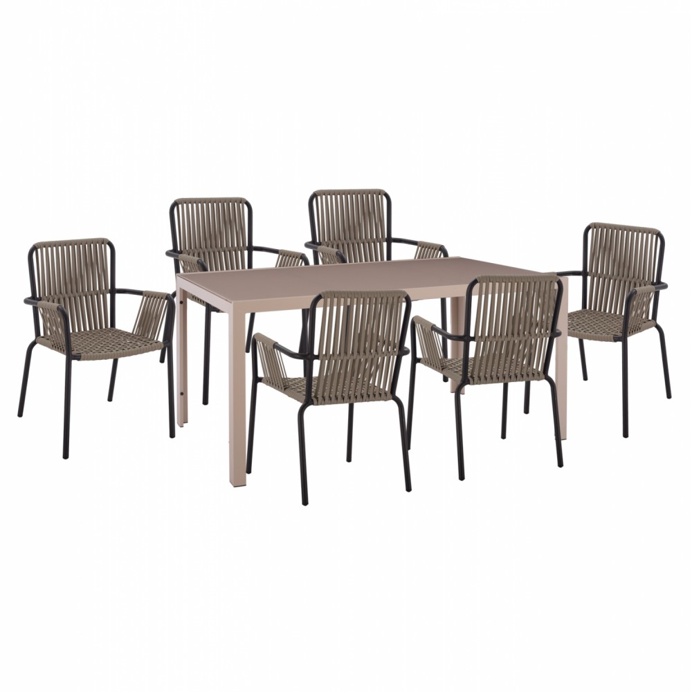 Σετ εξωτερικού χώρου 7τμχ από μέταλλο/σχοινί/γυαλί σε καπουτσίνο/ανθρακί χρώμα 150x90x75