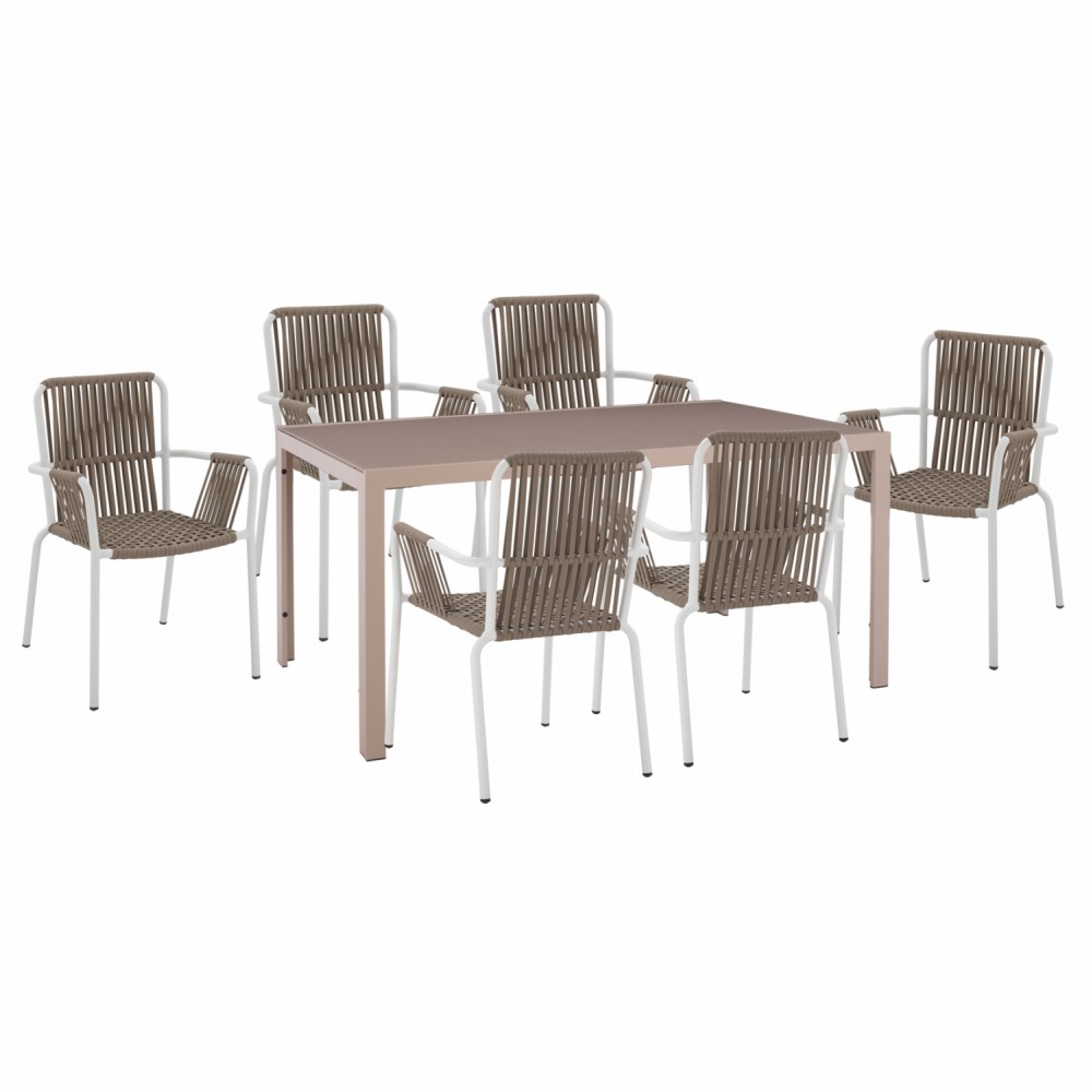 Σετ εξωτερικού χώρου 7τμχ από μέταλλο/σχοινί/γυαλί σε καπουτσίνο/λευκό χρώμα 150x90x75
