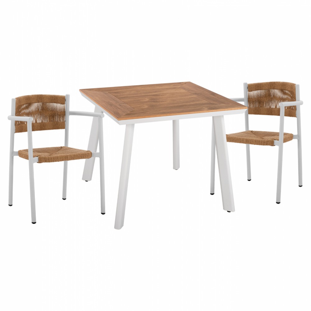 Σετ εξωτερικού χώρου 3τμχ από αλουμίνιο/polywood/σχοινί σε λευκό/φυσικό χρώμα 80x80x73