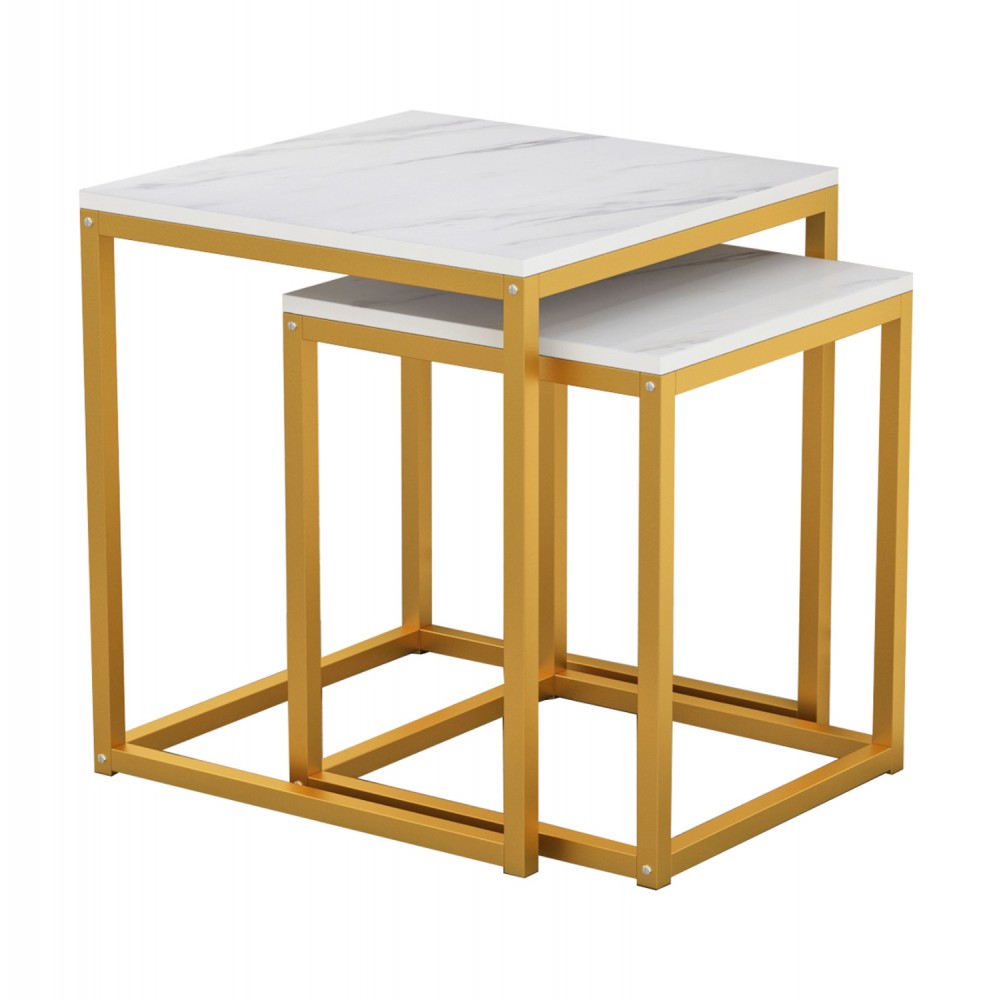 Τραπεζάκια "GRELAY" από mdf/μέταλλο σε χρώμα λεύκο/χρυσό 45x45x50-37x37x43