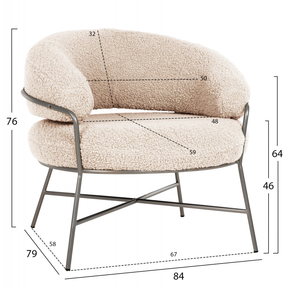 Πολυθρόνα "TRUDI" από ύφασμα/μέταλλο σε χρώμα λευκό/ασημί  84x79x76