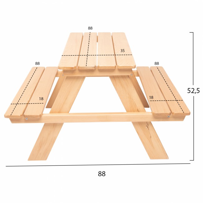 Παιδικό τραπέζι πικνίκ από ξύλο σε φυσικό χρώμα 88x88x52,5