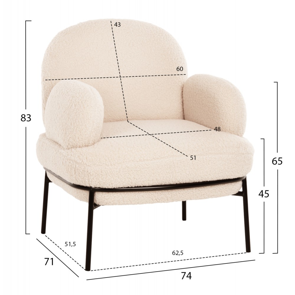 Πολυθρόνα "AGNES" από ύφασμα/μέταλλο σε χρώμα λεύκο/μαύρο 74x71x83