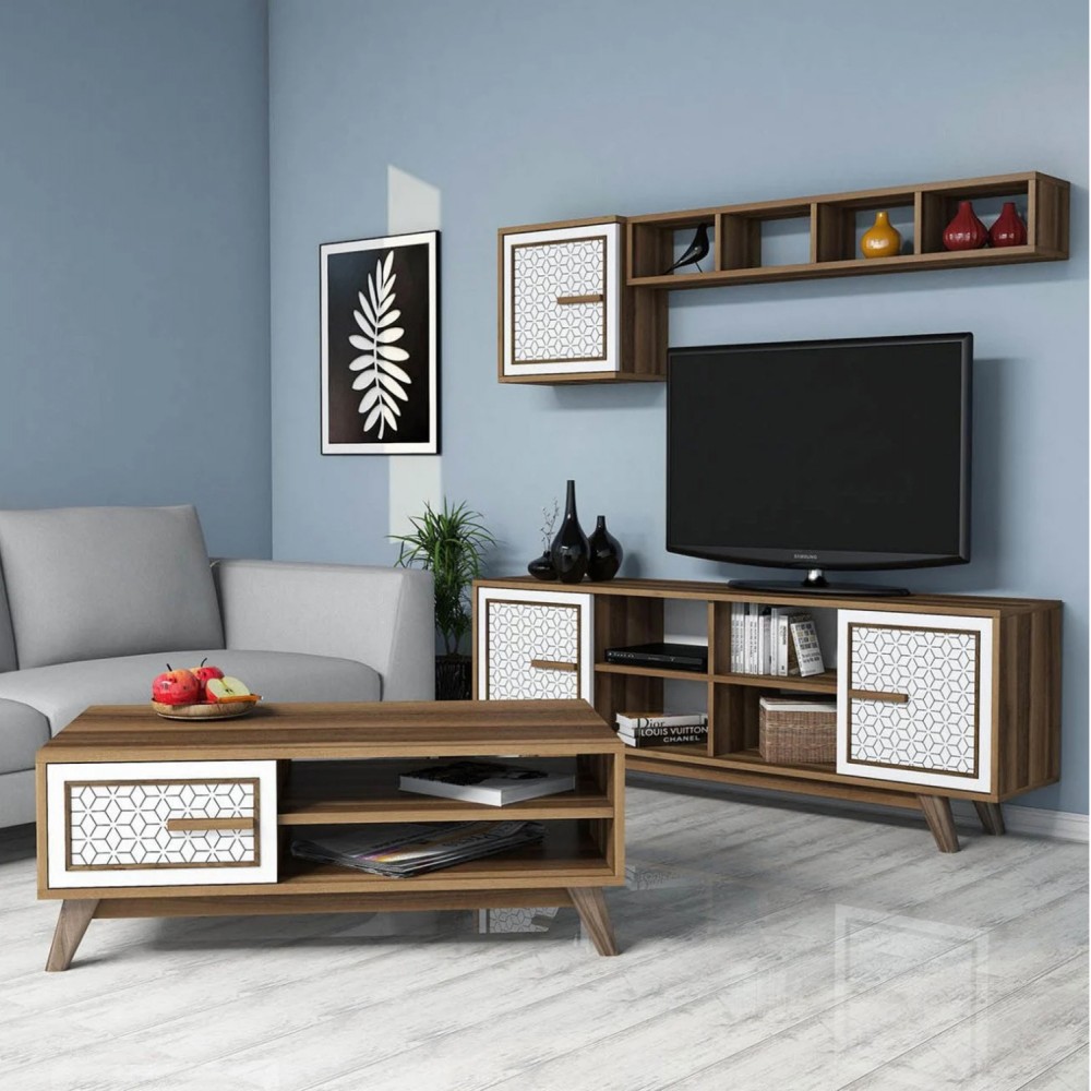 Σύνθεση σαλονιού σε καρυδί/λευκό χρώμα 160x35x56,20