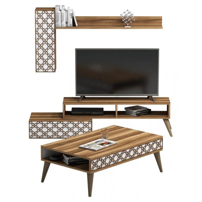 Σύνθεση σαλονιού σε καρυδί/λευκό χρώμα 150x37,20x37,80