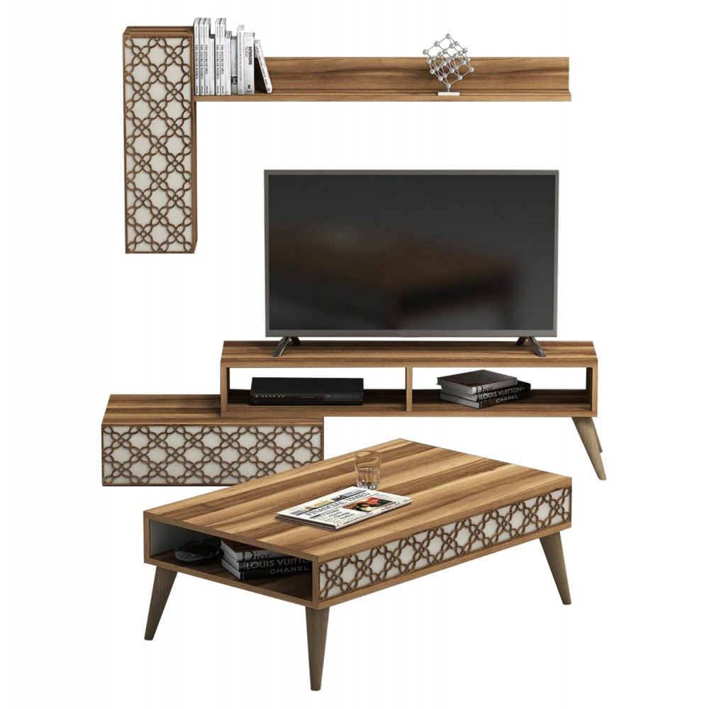 Σύνθεση σαλονιού σε καρυδί/κρέμ χρώμα 150x37,20x37,80