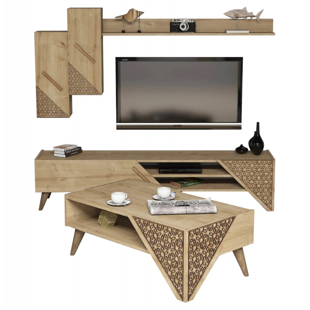 Σύνθεση σαλονιού σε φυσικό οακ χρώμα 180x37x40