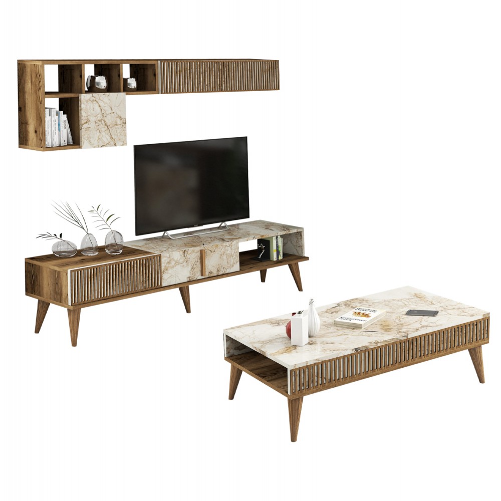 Σύνθεση σαλονιού σε καρυδί/λευκό μαρμάρινο χρώμα 180x35x40