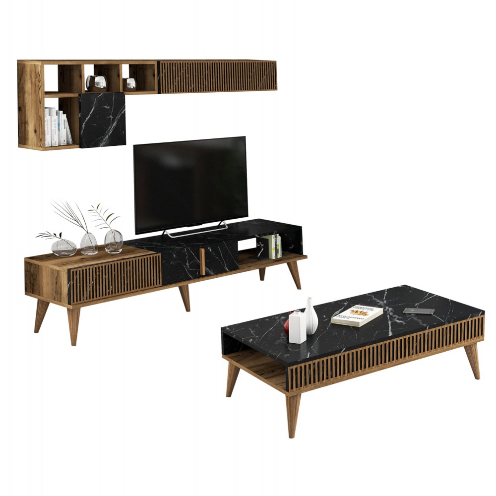 Σύνθεση σαλονιού σε καρυδί/μαύρο μαρμάρινο χρώμα 180x35x40