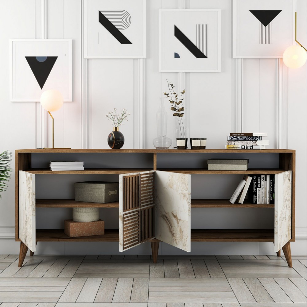 Σύνθεση σαλονιού σε  χρώμα καρυδί/λευκό μαρμάρου  180x35x40