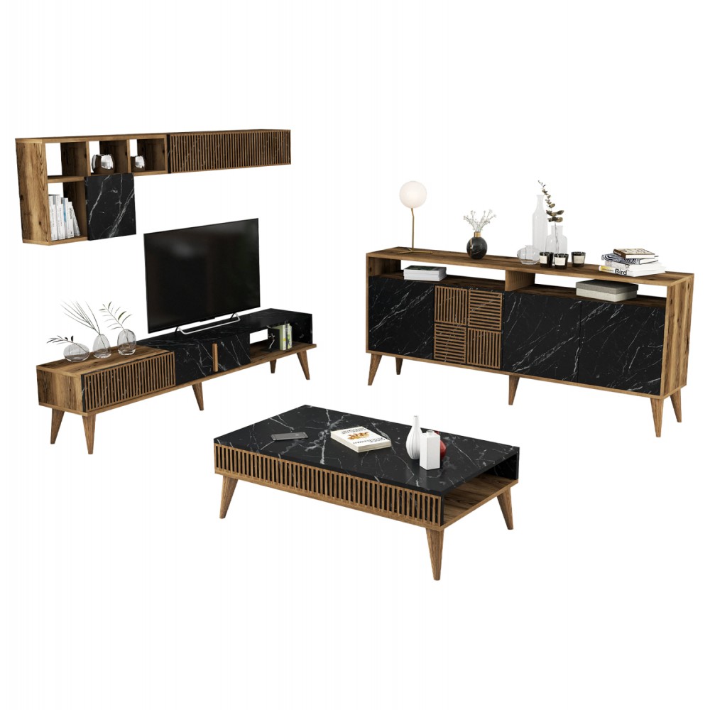 Σύνθεση σαλονιού σε χρώμα καρυδί/μαύρο μαρμάρου 180x35x40