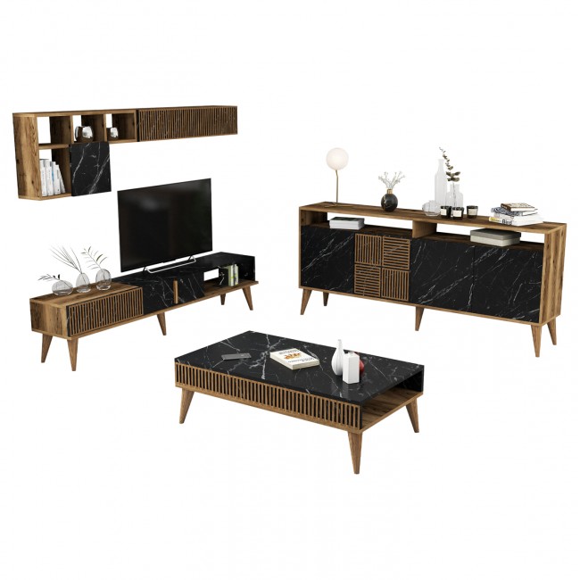 Σύνθεση σαλονιού σε χρώμα καρυδί/μαύρο μαρμάρου 180x35x40