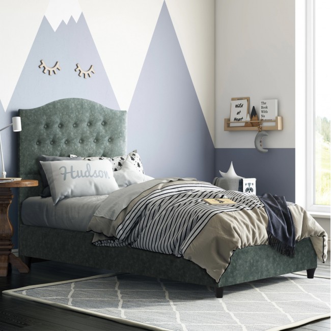 Κρεβάτι μονό "MALENA" από ξύλο/ύφασμα σε χρώμα πράσινο 90x200