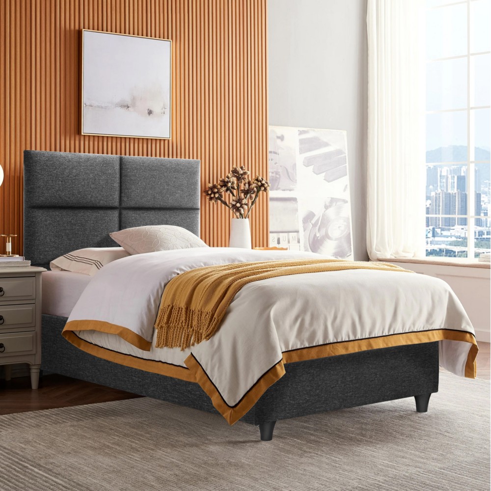 Κρεβάτι μονό "MILO" από ξύλο/ύφασμα σε χρώμα γκρι 90x200