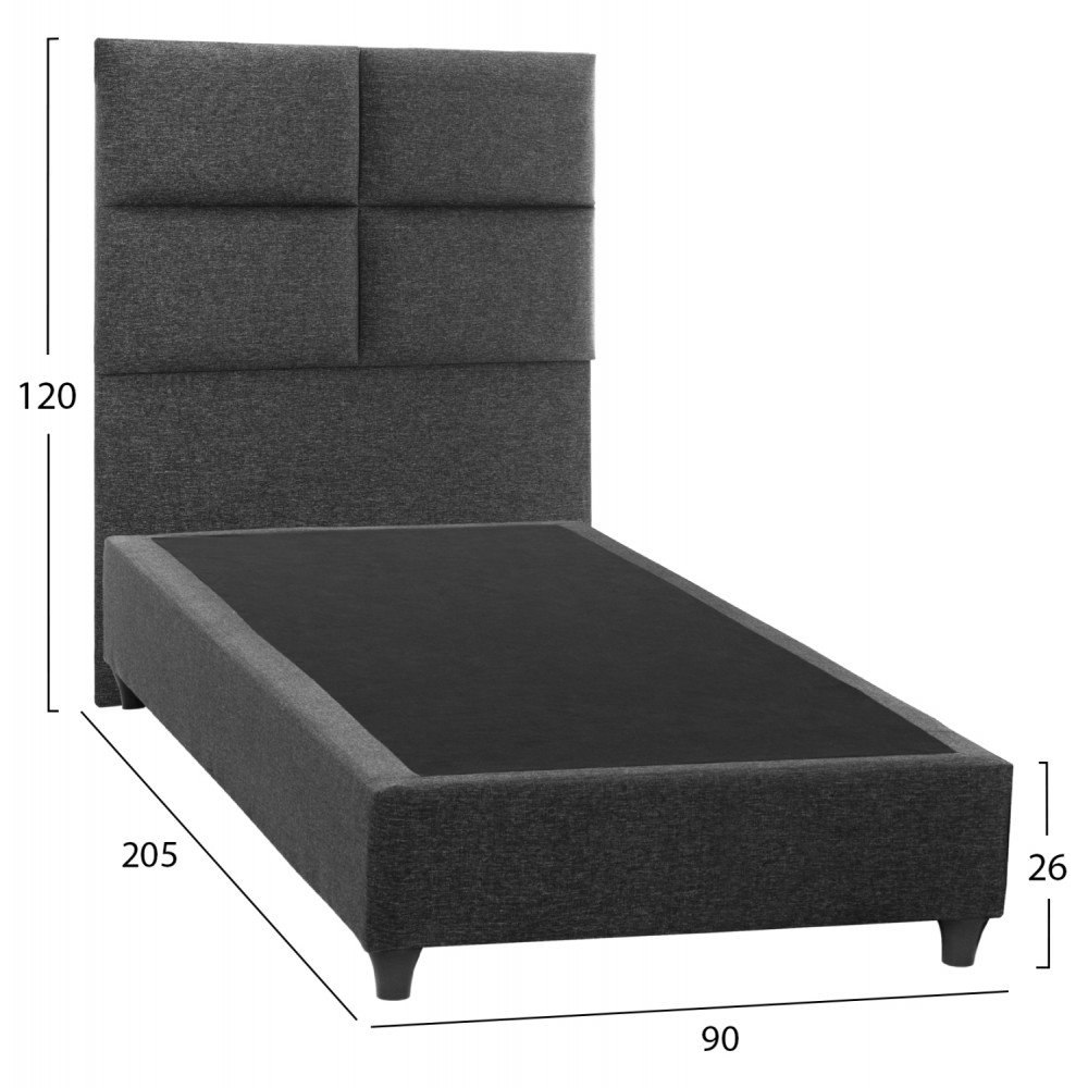 Κρεβάτι μονό "MILO" από ξύλο/ύφασμα σε χρώμα γκρι 90x200