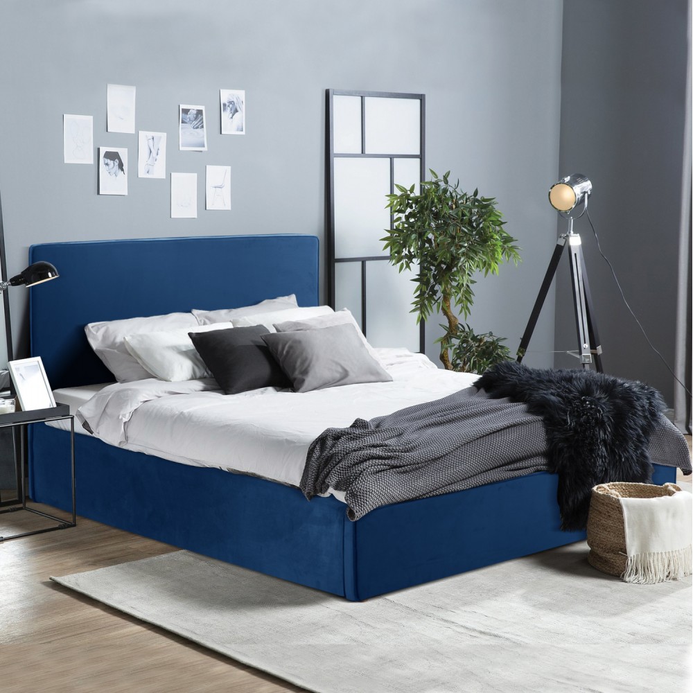 Κρεβάτι "ALLIE" με αποθηκευτικό χώρο από ύφασμα βελούδο σε χρώμα μπλέ 160x200