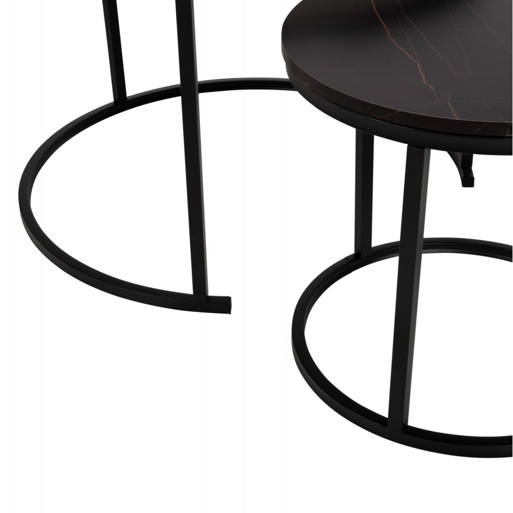 Σετ τραπέζια 2τμχ από MDF/μέταλλο σε χρώμα μαύρο/λευκό με εφέ μαρμάρου Φ80x48