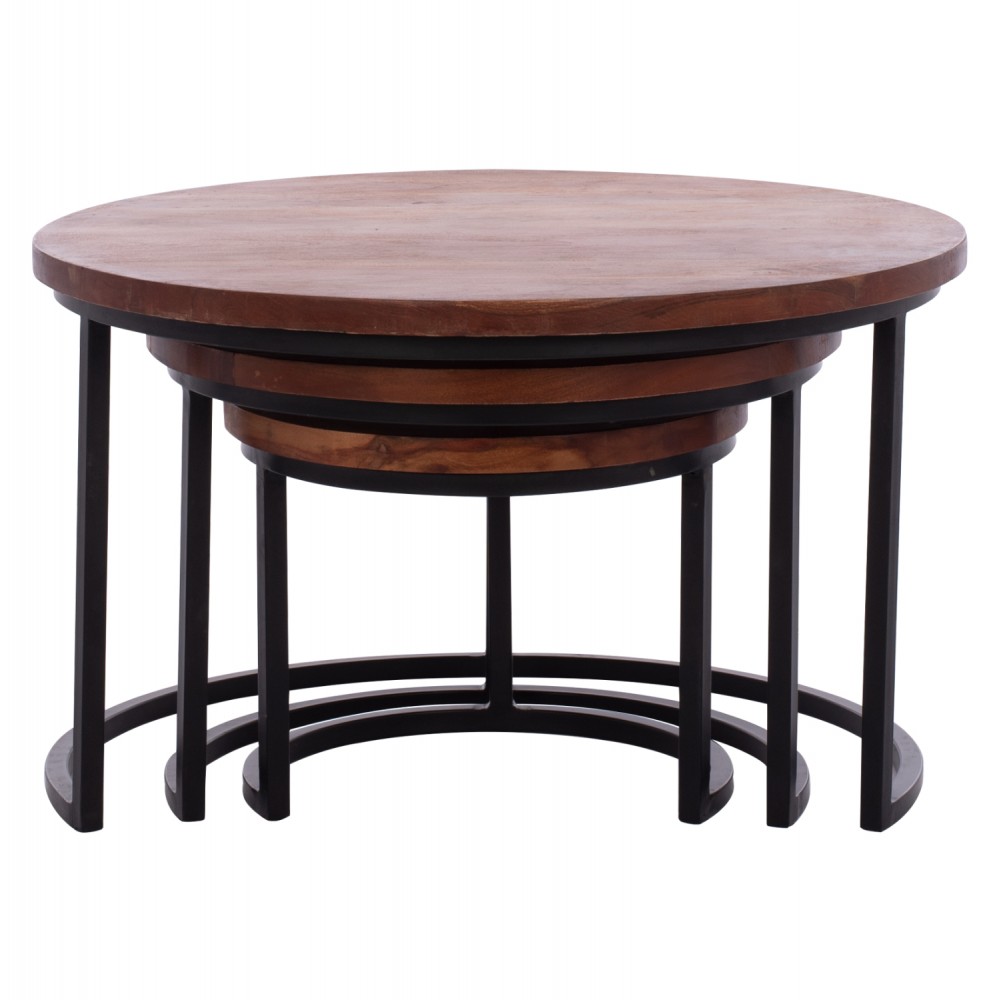 Σετ ζιγκόν "OBI" 3τμχ από ξύλο/μέταλλο σε χρώμα καρυδί/μαύρο 78x78x47