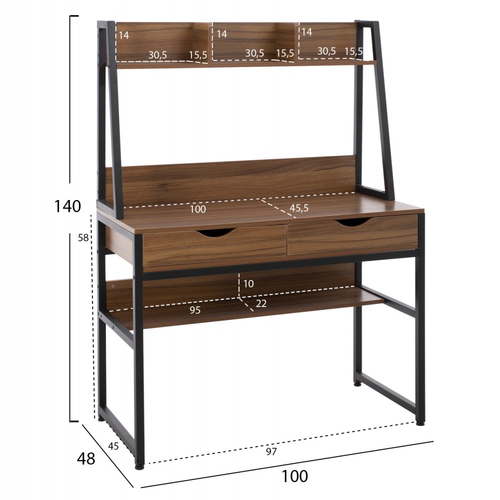 Γραφείο με βιβλιοθήκη σε χρώμα καρυδί/μαύρο 100x48x139