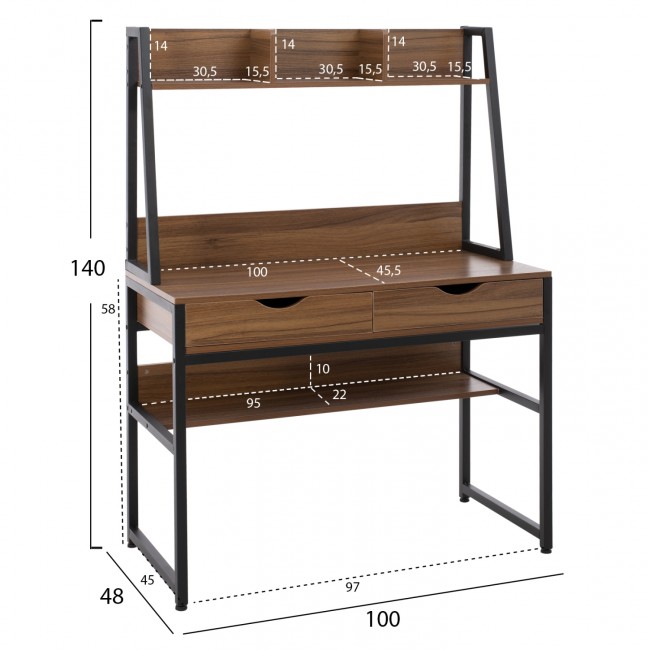 Γραφείο με βιβλιοθήκη σε χρώμα καρυδί/μαύρο 100x48x139