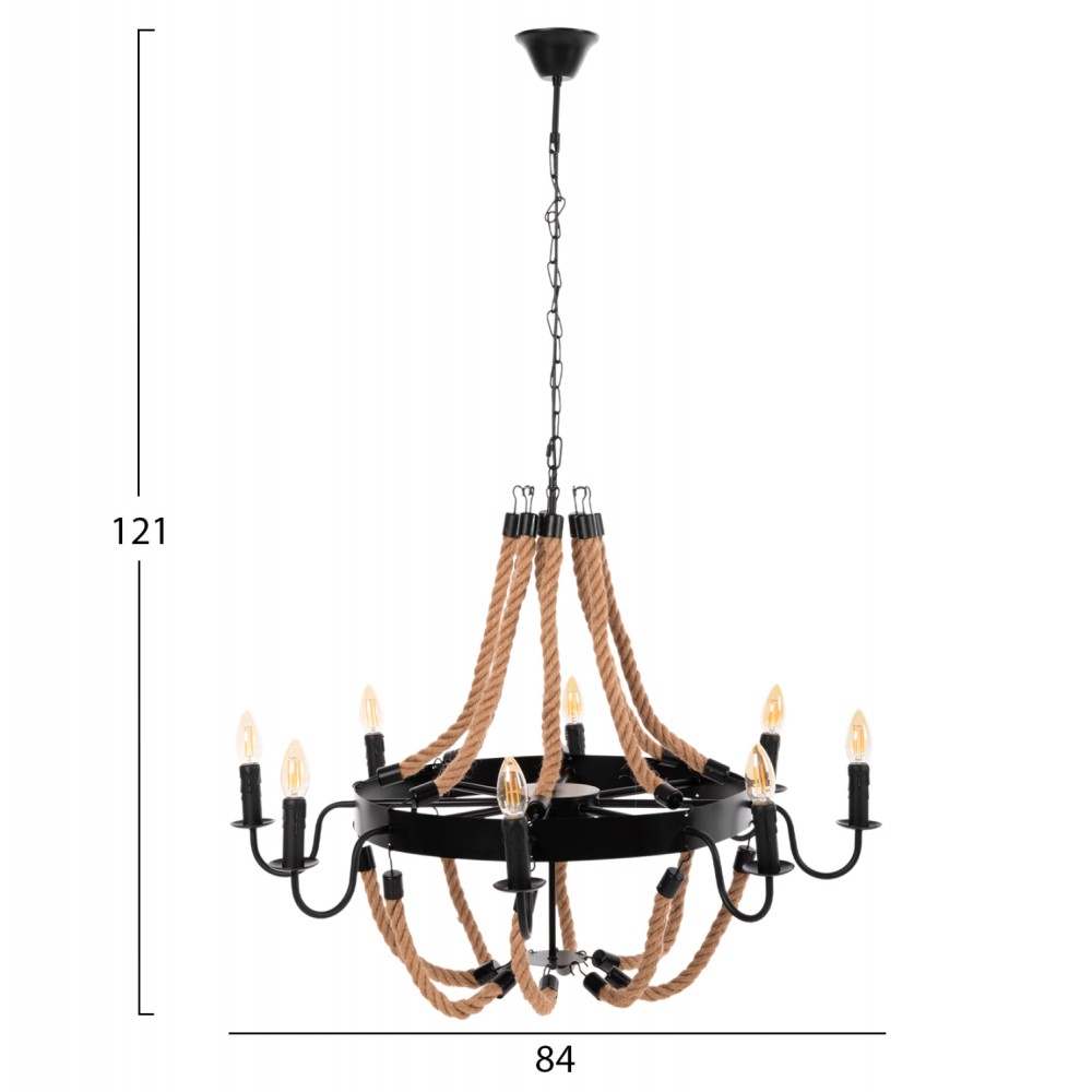 Φωτιστικό οροφής πολύφωτο από μέταλλο/σχοινί σε χρώμα μαύρο/φυσικό 84x84x121